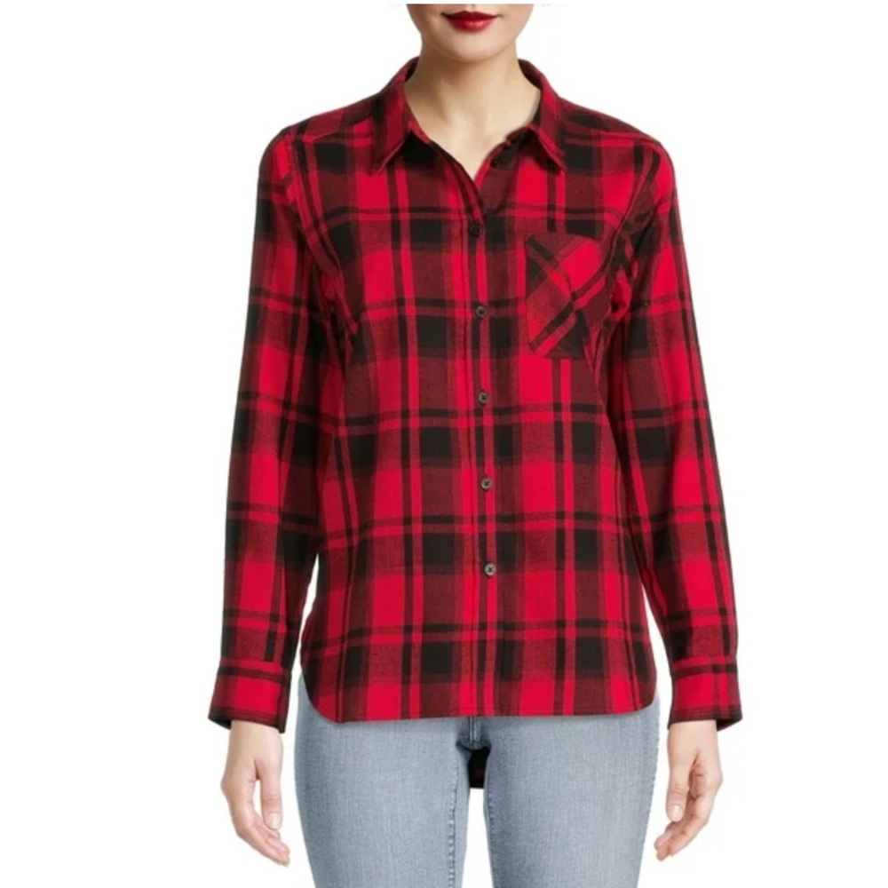 EDDIE BAUER Red Black Plaid Flannel Collared Button Up L/S Shirt XL EUC $75 KL